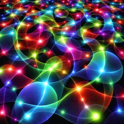 The primary subject of the image is a vibrant and colorful pattern of lights, which creates a visually striking and lively atmosphere. The setting is a black background, which contrasts with the brightly colored lights, making them stand out even more. The visual style of the image is a combination of digital art and illustration, as the lights are arranged in a creative and artistic manner. The colors and mood of the image are predominantly bright and energetic, with the lights creating a sense of movement and